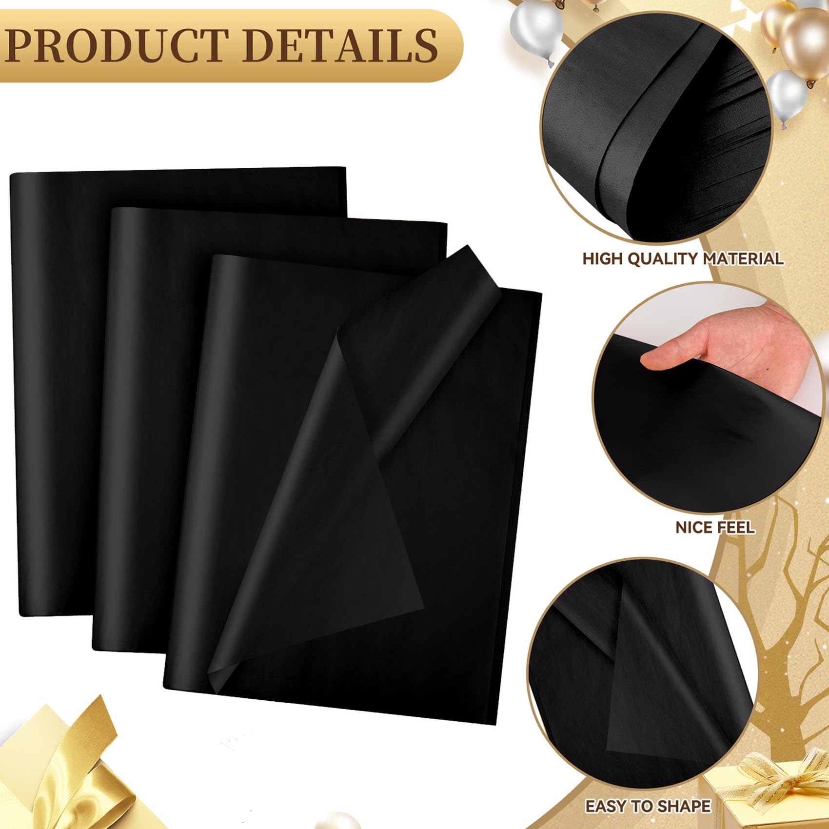 Hlonon 100 Sheets Black Tissue Paper 12 x 20 Inches Recyclable Black Wrapping Paper Bulk for DIY Crafts Birthday Baby Shower Christmas Gift Wrapping Crafts Decor