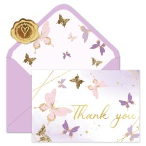 whaline 30 pack butterfly thank you cards gold foil purple greeting cards with envelopes stickers lavender blank note cards for party invitation supplies, 4 x 6 inch