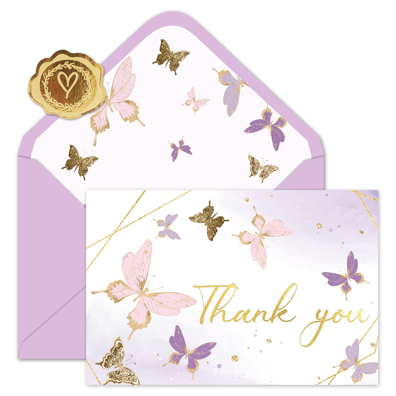 Whaline 30 Pack Butterfly Thank You Cards Gold Foil Purple Greeting Cards with Envelopes Stickers Lavender Blank Note Cards for Party Invitation Supplies, 4 x 6 Inch