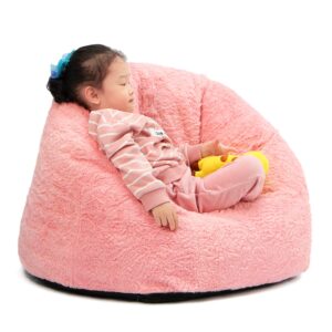 n&v small bean bag chair for kids, children mini bean bag sack, foam filling, includes removable and machine washable cover, 27in, soft faux fur (pink)