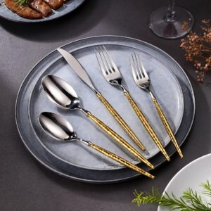 Lemeya 20-Piece Hammered Silver Gold Silverware Set,18/10 Stainless Steel Forging Heavy Duty Cutlery Set for 4, Luxury Unique Flatware Set,Spoons and Forks Set,Mirror Polished,Dishwasher Safe