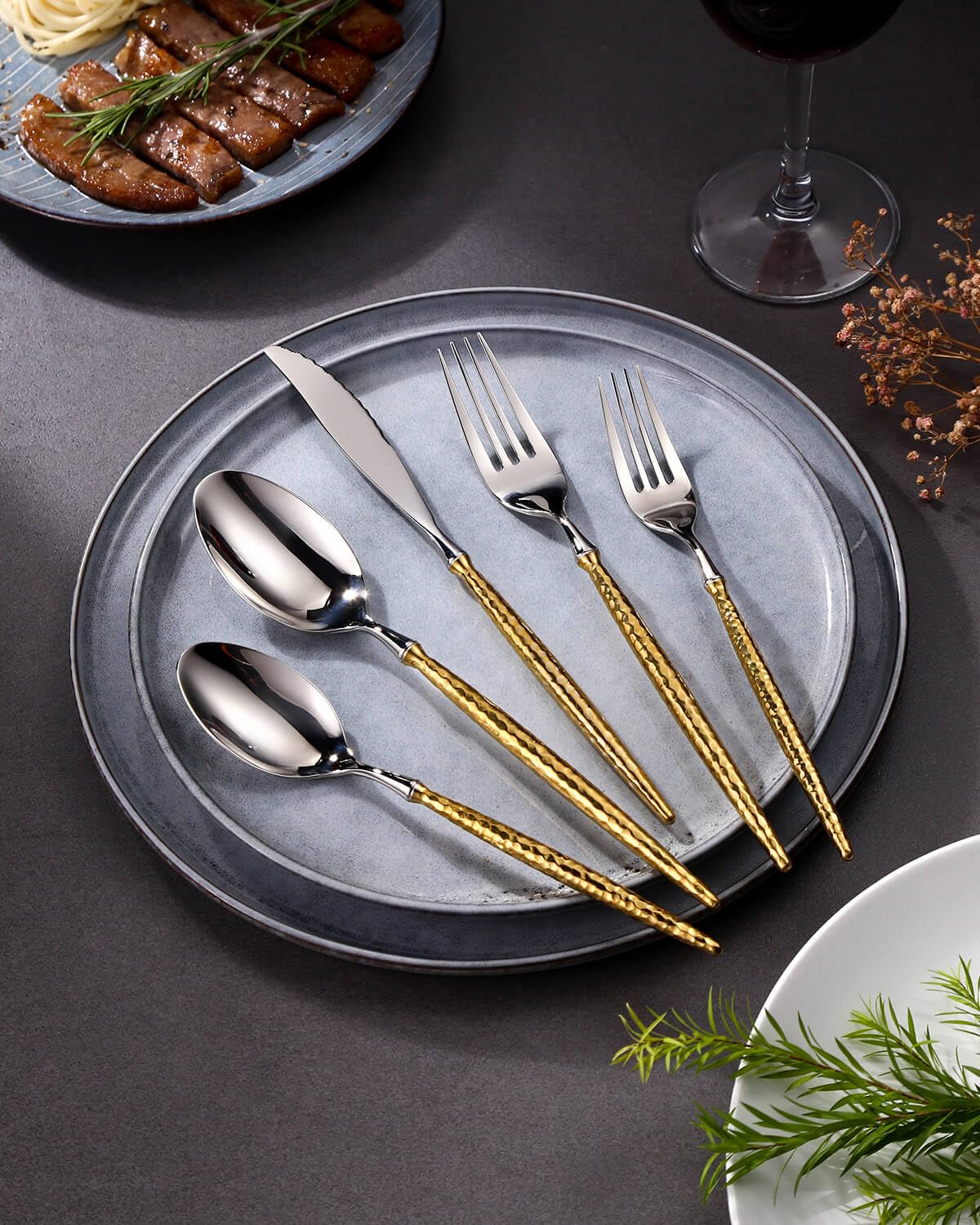 Lemeya 20-Piece Hammered Silver Gold Silverware Set,18/10 Stainless Steel Forging Heavy Duty Cutlery Set for 4, Luxury Unique Flatware Set,Spoons and Forks Set,Mirror Polished,Dishwasher Safe