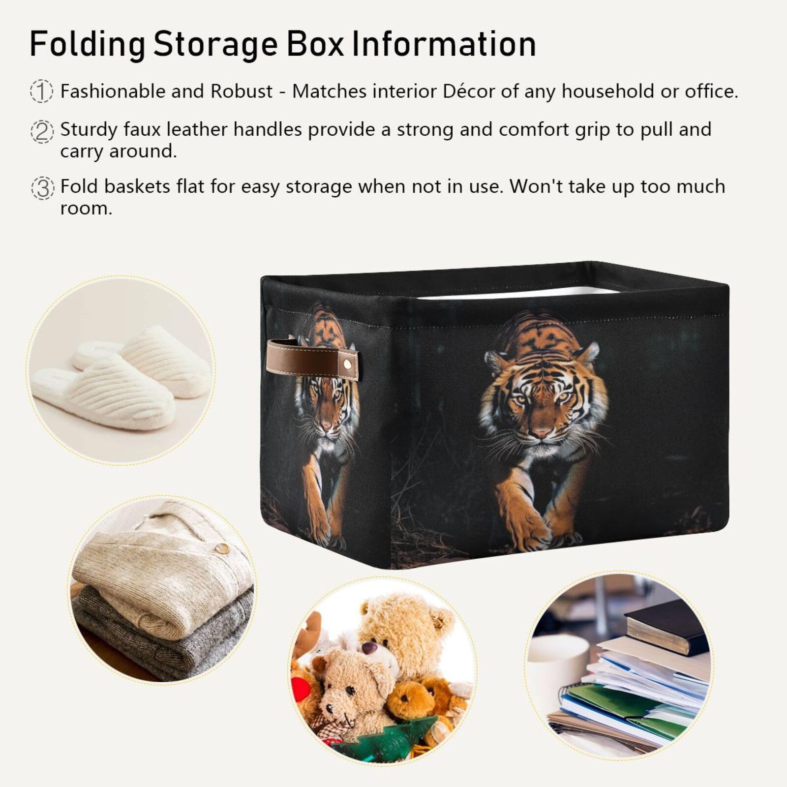 YETTASBIN Tiger Storage Basket 1pc, Large Collapsible Toys Clothes Organizer, Durable Canvas Storage Bin with Handle for Shelves Closet Laundry Home Office Decor