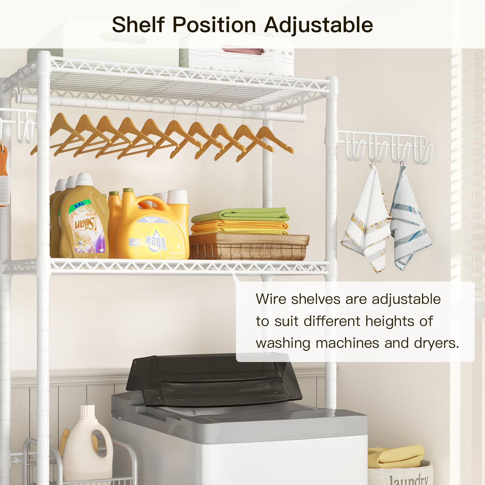 Ulif U12 Over Washer and Dryer Storage Shelves, Laundry Room Storage Rack for Organization, Clothes Drying Rack for Hanging Clothes and Towels, 35" W x 13.4" D x 77.3" H, White