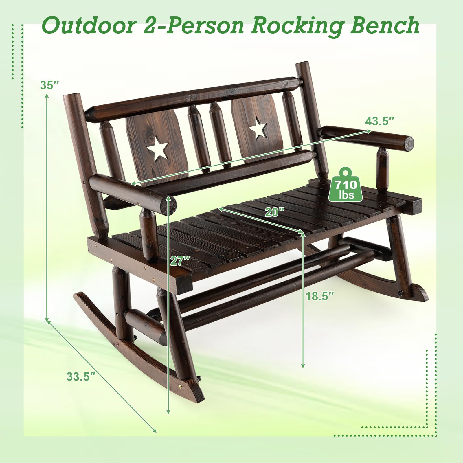 Giantex Outdoor Rocking Bench, Patio Loveseat Rocker for 2 w/Ergonomic Back & Log Arms, Carbonized Fir Wood Frame, Wooden Double Rocking Chair for Porch, Garden, 710 LB Capacity, Rustic Brown