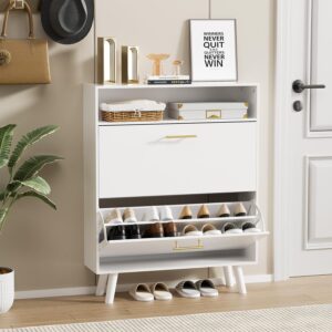 HOUROM Shoe Cabinet for Entryway, White Slim Shoe Cabinet Storage with 2 Flip Drawers, 2 Tier Freestanding Shoe Organizer for Entryway, Hallway, Living Room