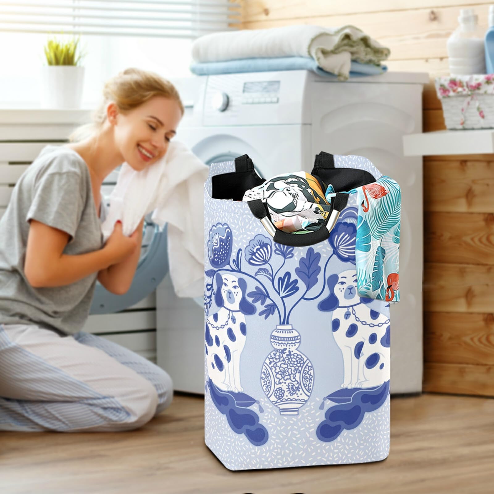 pnyoin Laundry Basket with Padded Handles, Collapsible Waterproof Laundry Hamper for Bathroom Bedroom, Clothes Hamper Stands Up Well(Staffordshire Dogs)