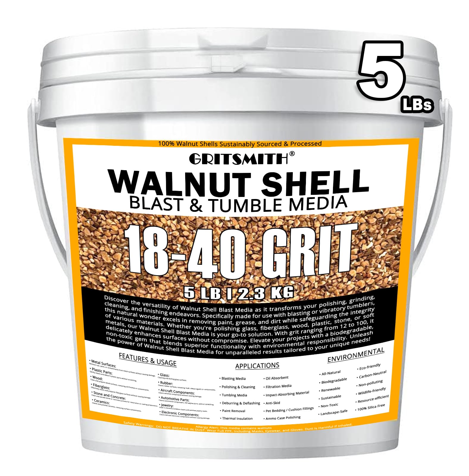 GRITSMITH 18-40 Grit Ground Walnut Shell Media (5 LBS / 2.3 KG) - Fine Grit for Tumbling, Blasting, Vibratory, Polishing, Deburring, Anti-Skid, Fillers