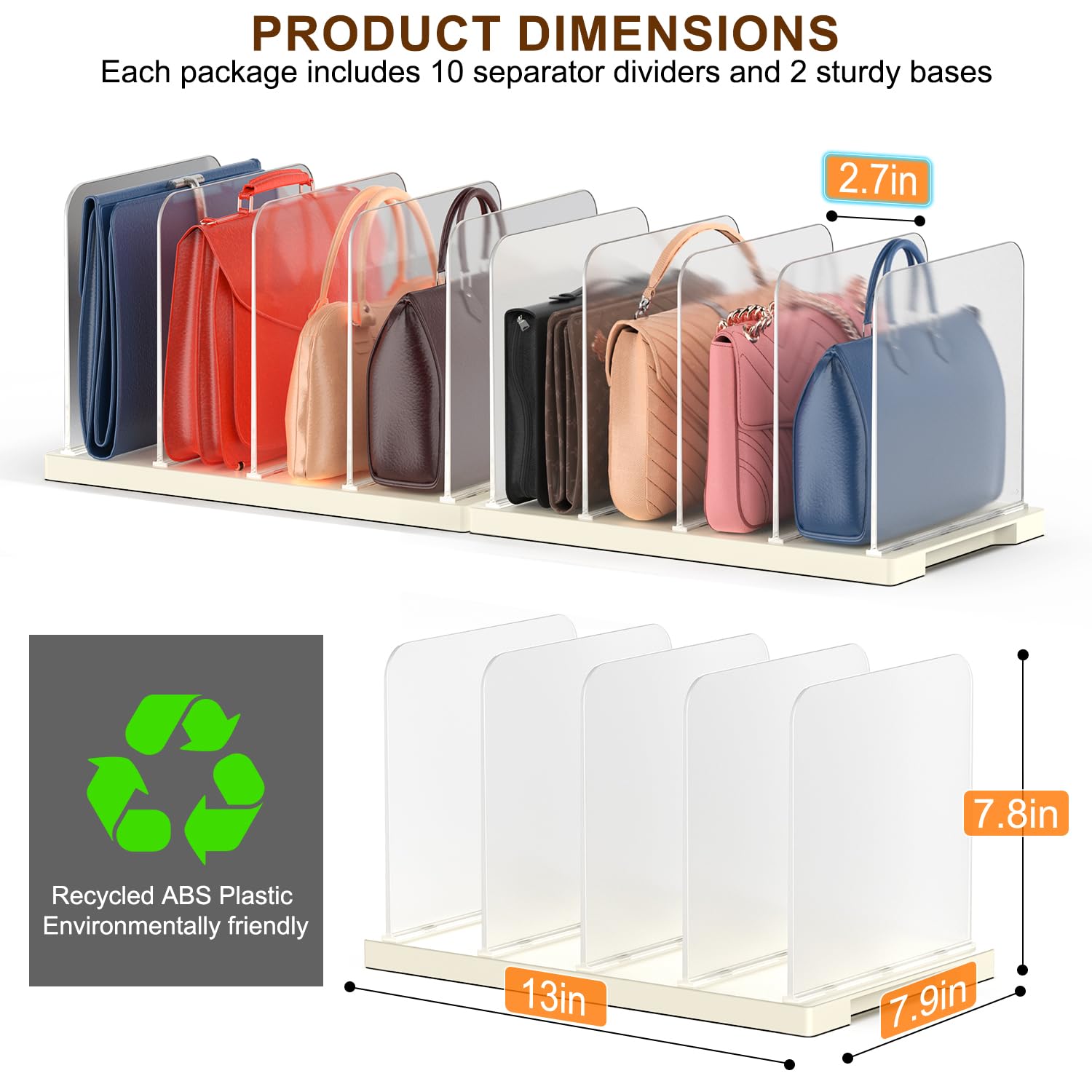 SHILFID Purse Organizer for Closet,2-Pack Shelf Divider for Closet,Bag Organizer Closet,Handbag Storage Organizer,Clear Frosted Plastic Shelf Dividers with 4 Slots for Clutches, Wallets