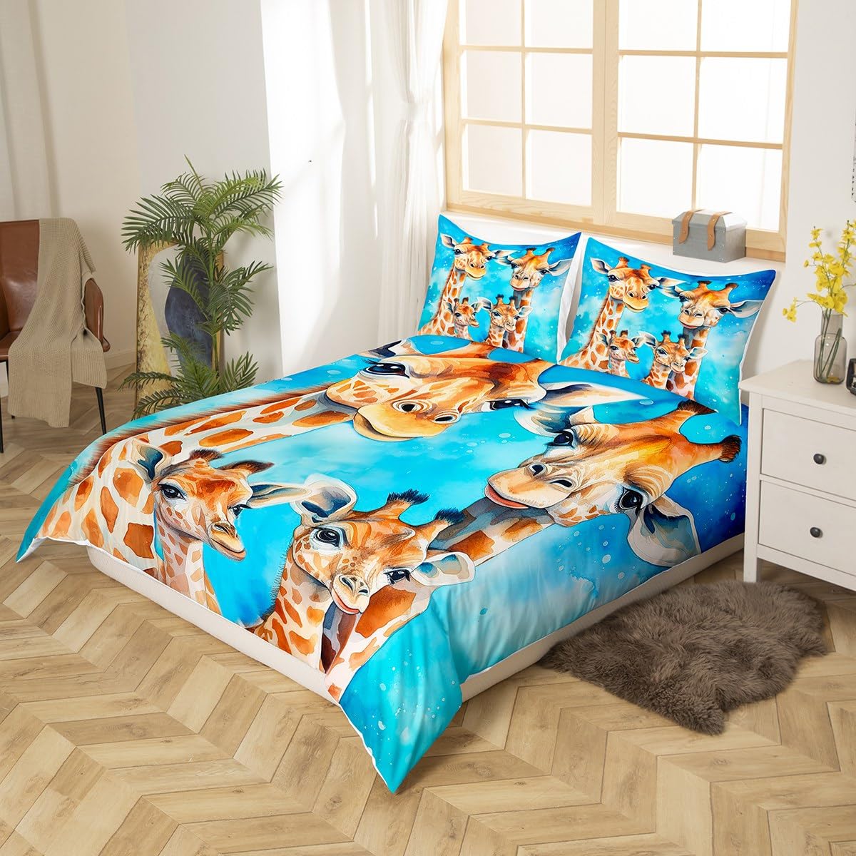 Manfei Giraffe Kids Duvet Cover Set Twin Size, Cute Giraffe Family Comforter Cover, Cartoon Animal Theme Bedding Set for Boys Girls Adults Bedroom Decor, Lightweight Bedspread Cover, 1 Pillowcase