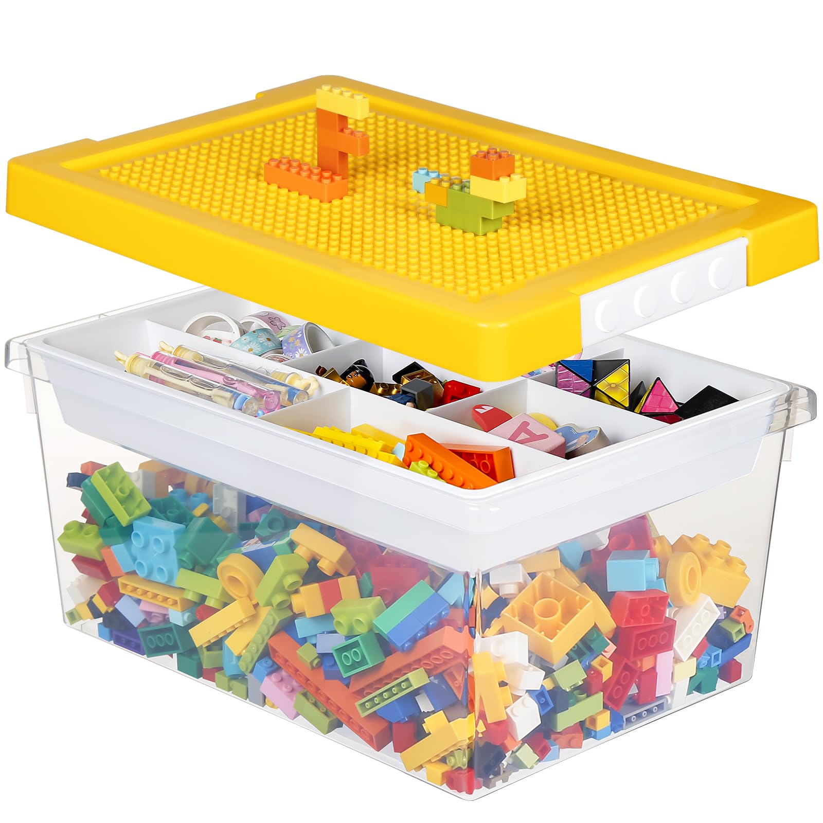 loobuu Plastic Storage Bins with Lids - 1 Set Stackable Arts Crafts Organizer Box with Removable Divided Tray &Compatible Building Baseplate,Toy Chest Containers for Bricks-Yellow(14.37"x9.64"x6.69")