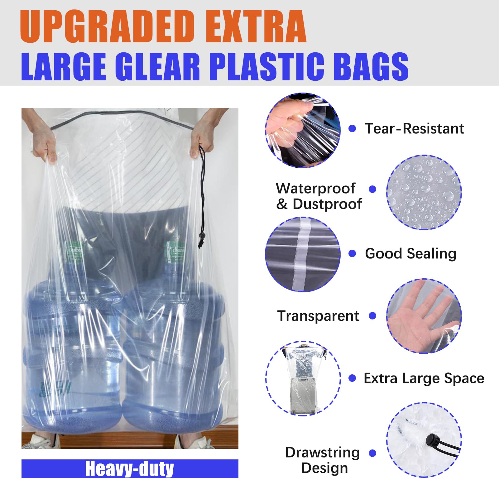 NVAAV 62x31 Inch Extra Large Clear Drawstring Plastic Bags 3 Pack(4 Mils), Dustproof Moistureproof Reusable Big Giant Luggage Storage Bag for Suitcase Garage Organizer, Blanket, Plush Toys