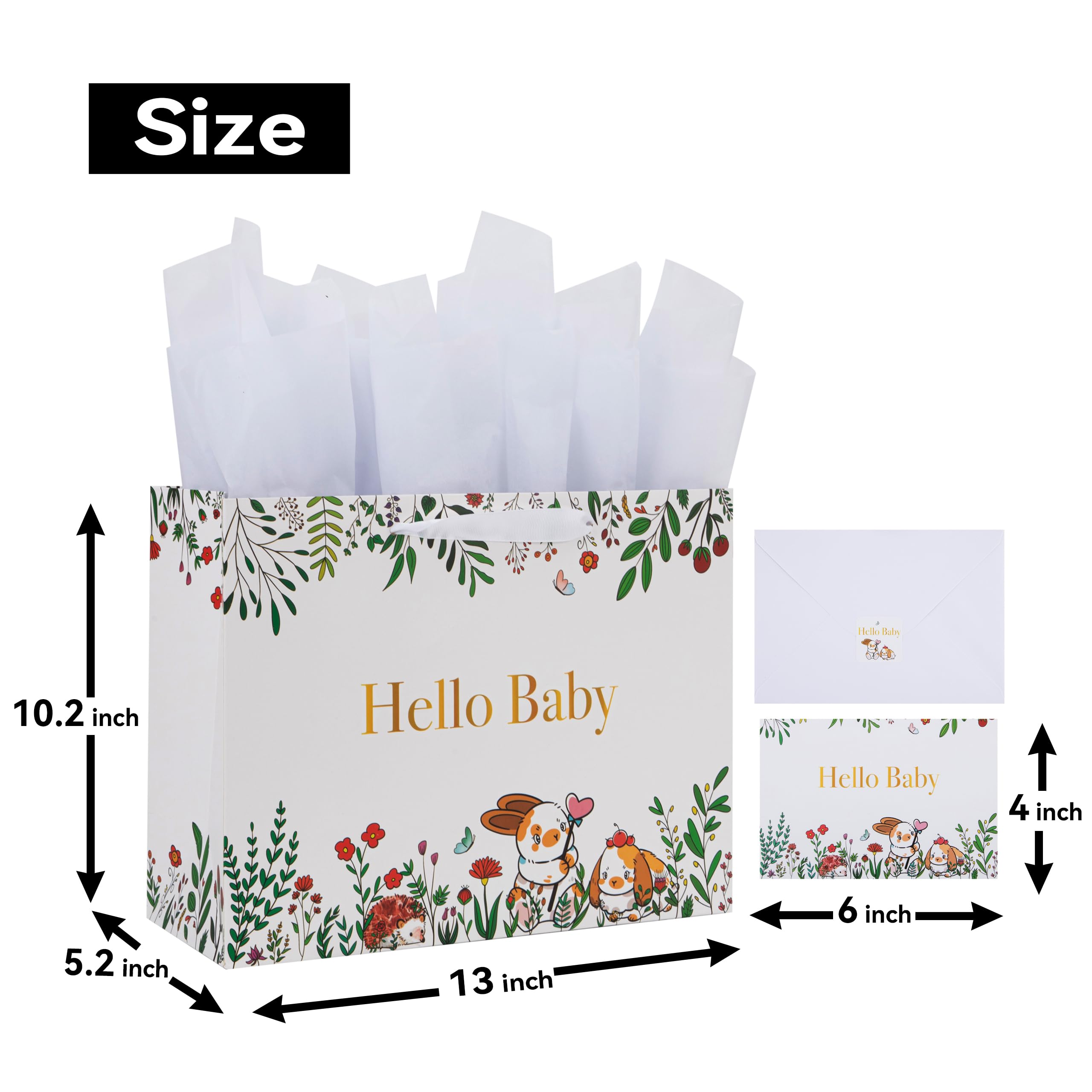 13" Large White Gift Bag Set with Greeting Card and Tissue Papers (Hello Baby Design) for Girls' Birthday Party, Baby Shower, Baby Girl or Boy, Women's Birthday Parties - 13”x5.2”x10.2”, 1 Pcs.