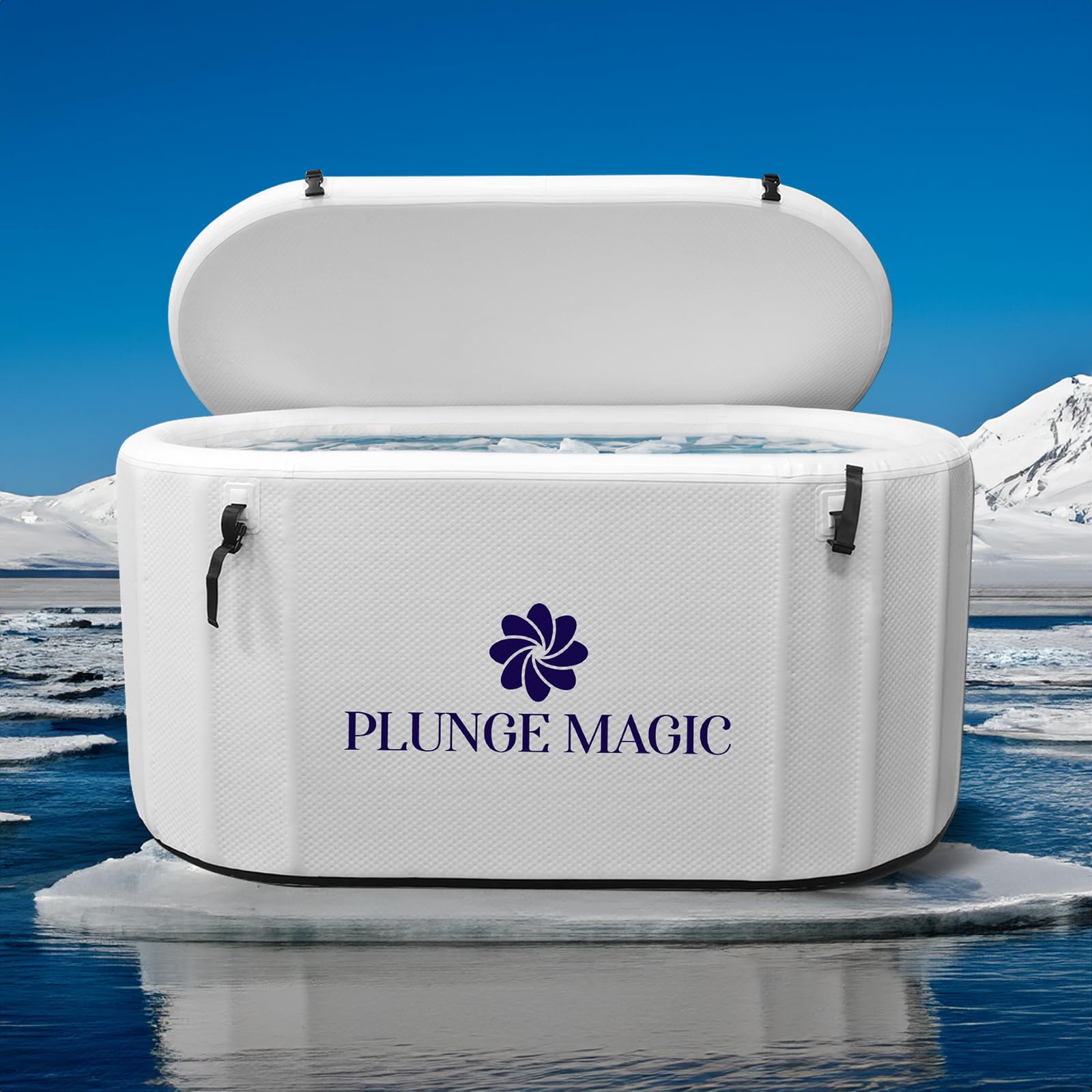 PLUNGE MAGIC Ultimate Cold Plunge Tub Inflatable Ice Bath Tub With Cover for Athletes Portable & XXL Size, Water Chiller Compatible (White-Elongated)