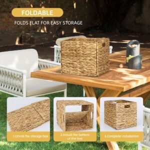 WEAVELYRICS 4 Pack 13×11" Rectangular Wicker Storage Bins, Water Hyacinth Baskets, Foldable Wicker Baskets, Storage Basket with Built-in Handles, Handwoven Natural Baskets for Shelves, Outdoor