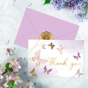 Whaline 30 Pack Butterfly Thank You Cards Gold Foil Purple Greeting Cards with Envelopes Stickers Lavender Blank Note Cards for Party Invitation Supplies, 4 x 6 Inch