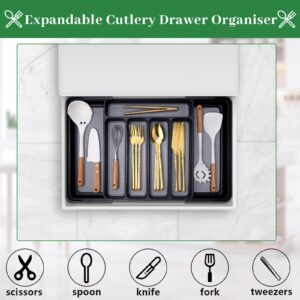 Silverware Drawer Organizer, Expandable Kitchen Drawer Organizer Utensil Drawer Organizer Cutlery Drawer Adjustable Utensil Tray Flatware Tray for Forks Spoons Knife Organizer(Large, Gray Black)