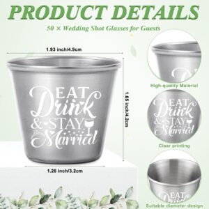 Uiifan 50 Sets Wedding Party Favors for Guests Eat Drink and Stay Married Stainless Steel Shot Glasses Metal Cups Cards with Wedding Thank You Cards and Organza Bags Wedding Souvenirs Bridal Shower