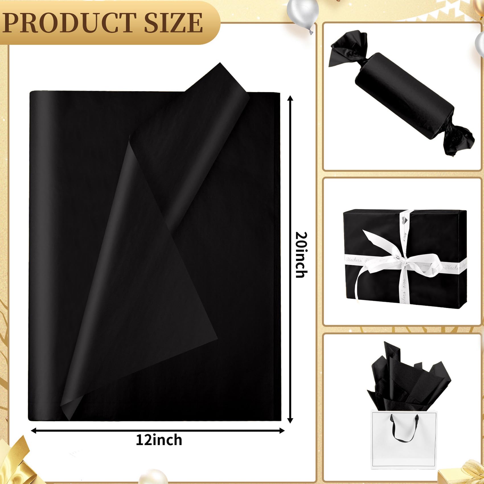 Hlonon 100 Sheets Black Tissue Paper 12 x 20 Inches Recyclable Black Wrapping Paper Bulk for DIY Crafts Birthday Baby Shower Christmas Gift Wrapping Crafts Decor