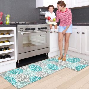 FRAMICS Boho Kitchen Rugs Sets of 2 Bohemian Teal Kitchen Rugs Non Slip Washable PVC Waterproof Kitchen Floor Mat Cushioned Anti Fatigue Kitchen Mats for Floor, 17" x 30" + 17" x 47"