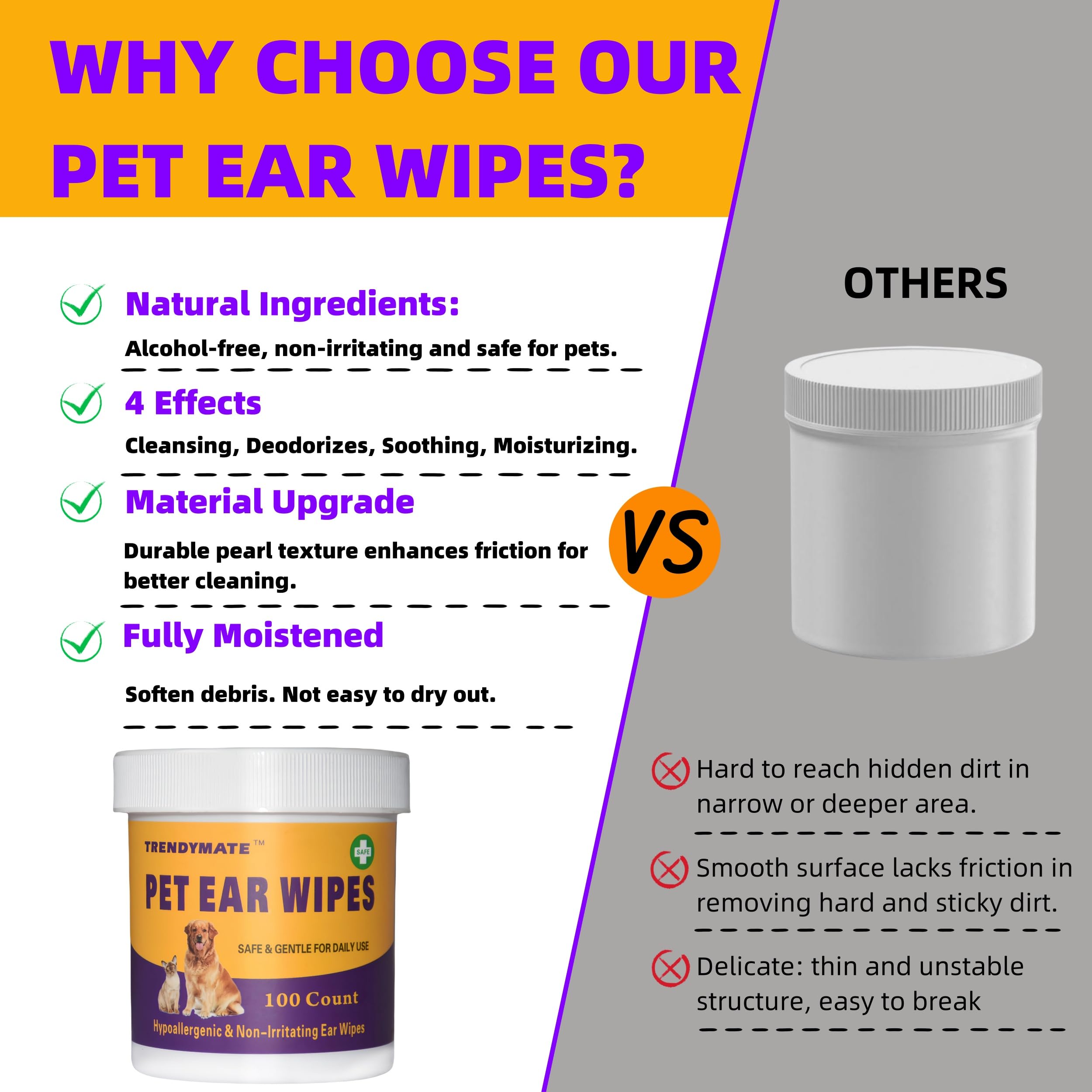 TrendyMate Pet Ear Wipes for Dogs & Cats | Gently Remove Ear Wax, Debris | Sooths & Deodorizes - Relieve Ear Itching & Inflammation, All Natural Ingredients | 100 Count