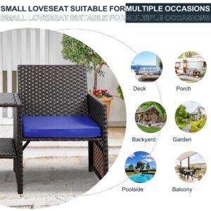 SUNLEI Outdoor Rattan Loveseat, Wicker 2-Seat Patio Conversation Furniture Set with Built-in Table & Removable Cushions for Balcony, Lawn, Backyard (Black Rattan/Royal Blue)