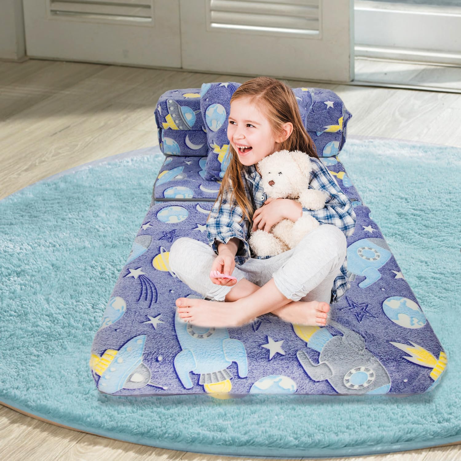 Asou Kids Fold Out Sofa Bed Floor Mattress with Throw Pillow Glow in The Dark Kids Sofa Couch Floor Mattress Foldable Mattress Floor Sofa Bed Couch for Kids Toddlers