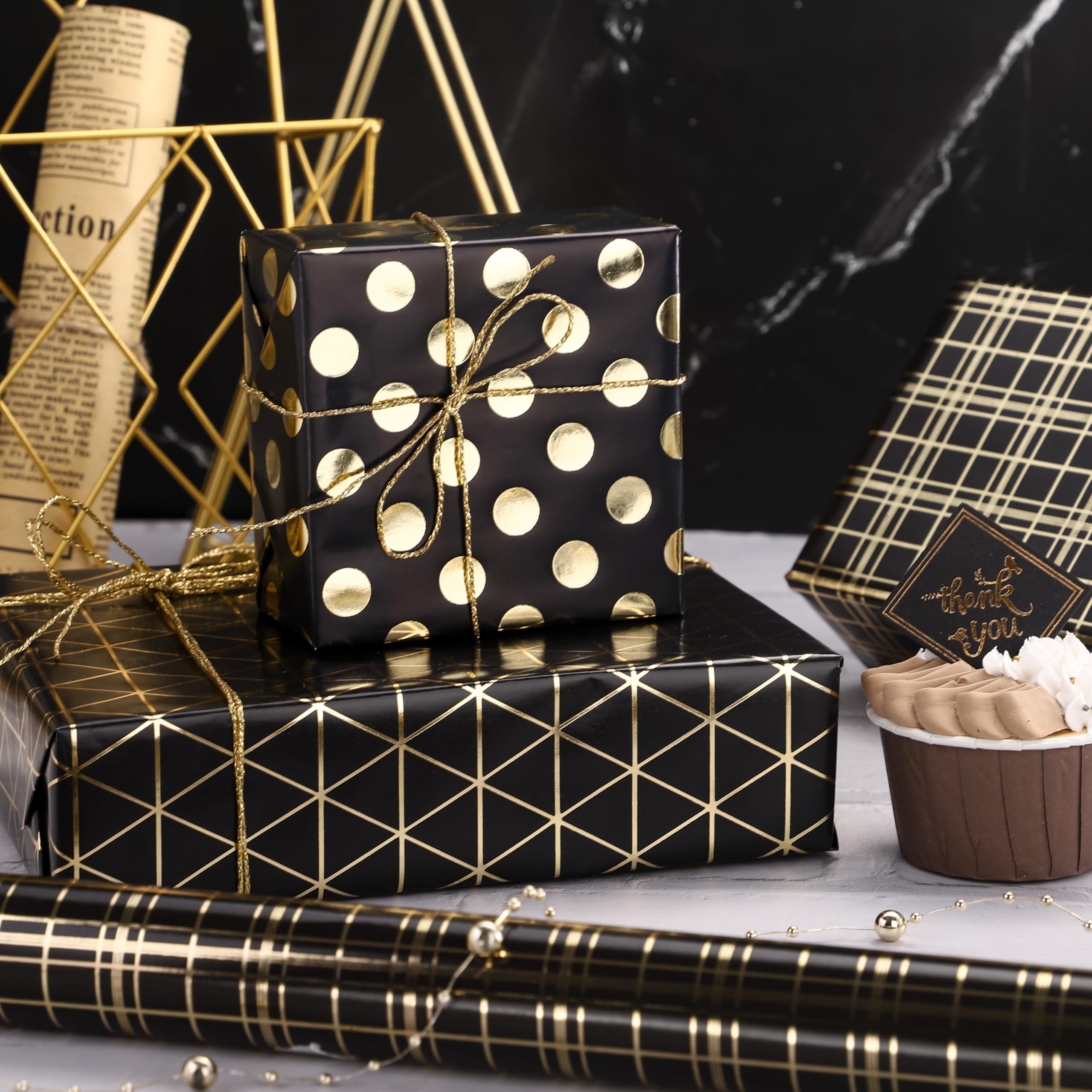 WRAPAHOLIC Black Birthday Wrapping Paper Roll - Mini Roll - 3 Rolls - 17 inch x 120 inch Per Roll - Black Gold Design for Wedding, Holiday, Party, Baby Shower