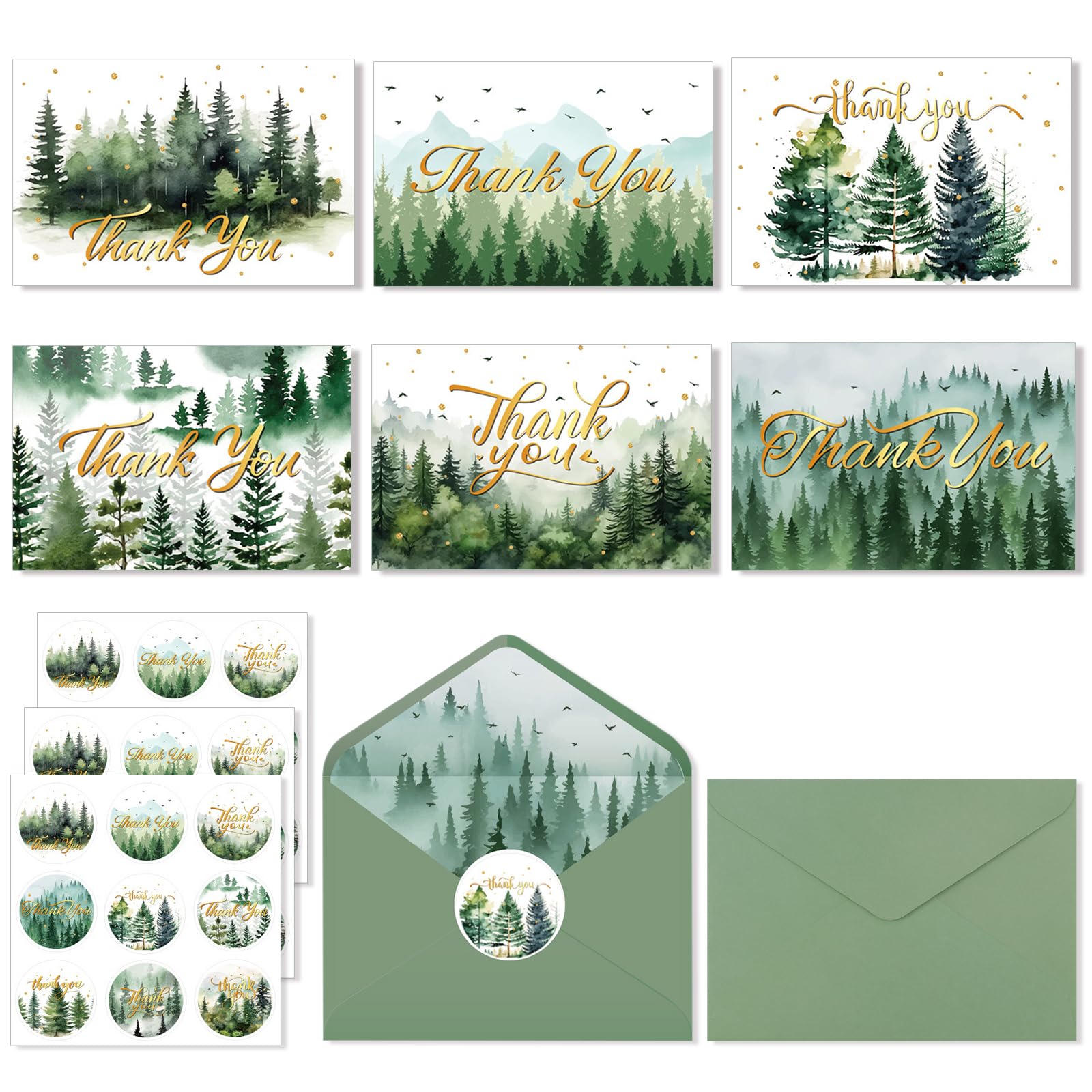 Konsait 24 Sheets Green Forest Thank You Cards with Envelopes, 6 Designs Watercolor Cards Pines Woodland Thank You Cards 4 x 6 in Thank You Cards Thank You Notes for Bridal Shower Wedding Baby Shower