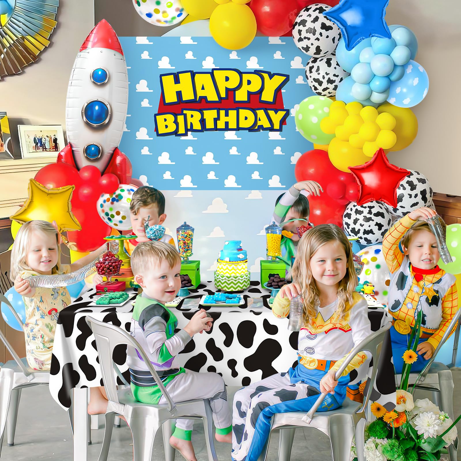 Winrayk 154Pcs Toy Inspired Story Birthday Party Decorations Supplies for Kids Teen, Balloon Arch with Backdrop Tablecloth Cow Print Balloons Star Rocket, Cartoon Game Girls Boys Birthday Party Decor