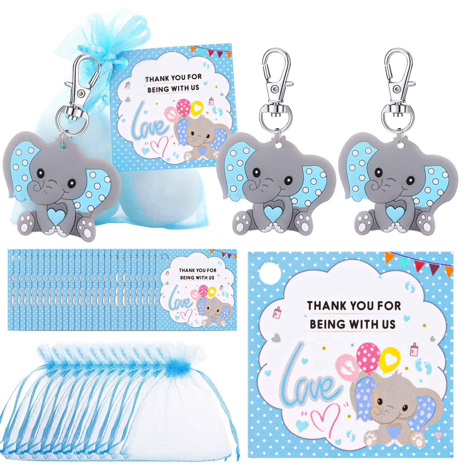 40 Sets Baby Shower Favors for Boys, Guests Gifts Including Elephant Keychains Decorations, Drawstring Bags, Thank You Cards