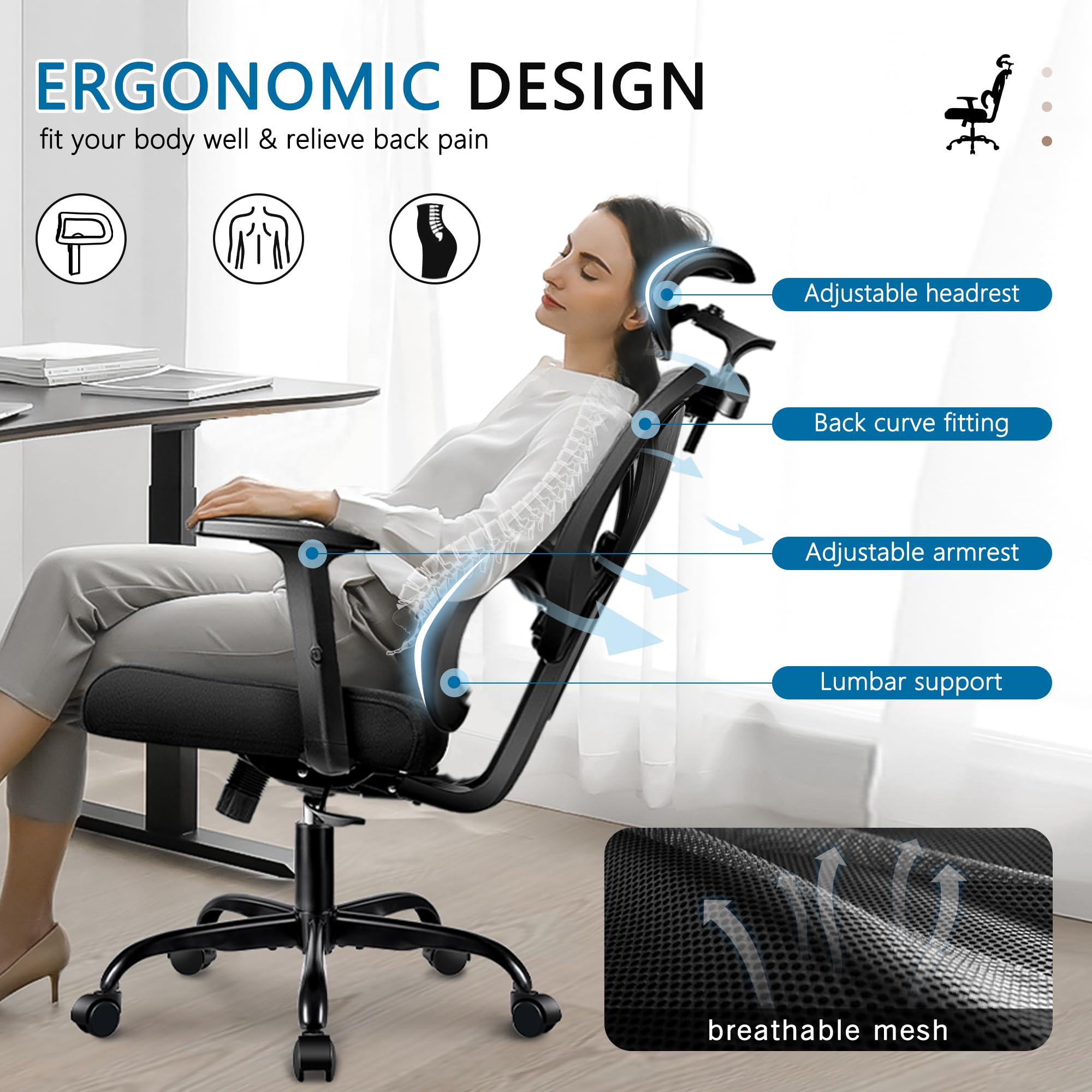 Winrise Office Chair Ergonomic Desk Chair Comfy Computer Chair, Big and Tall Home Office Chair with Back Support, Mesh Office Chair High Back Gaming Chair with Adjustable Armrest (Black)