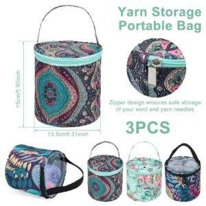 LAINIUTE Yarn Storage Bag with Zipper Portable Foldable Knitting Tote Bag with Anti-Slip Handle Knitting Project and Accessories Bag for Knitting Lovers Crochet Beginners (3Pcs)