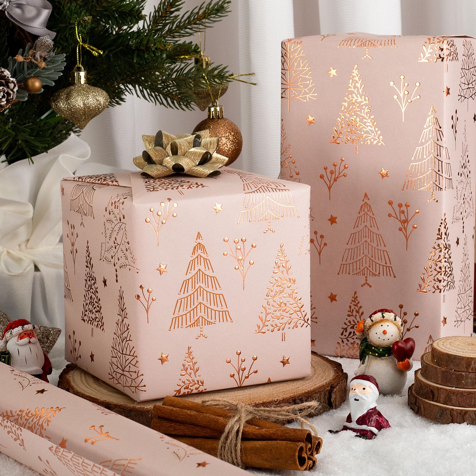 Homeral Christmas Wrapping Paper Roll - 46.8 sq.ft. 3D Embossed Foil Christmas Tree, Star on Rose Gold Pink for Christmas, New Year Celebration, Holiday - 17in x 33ft