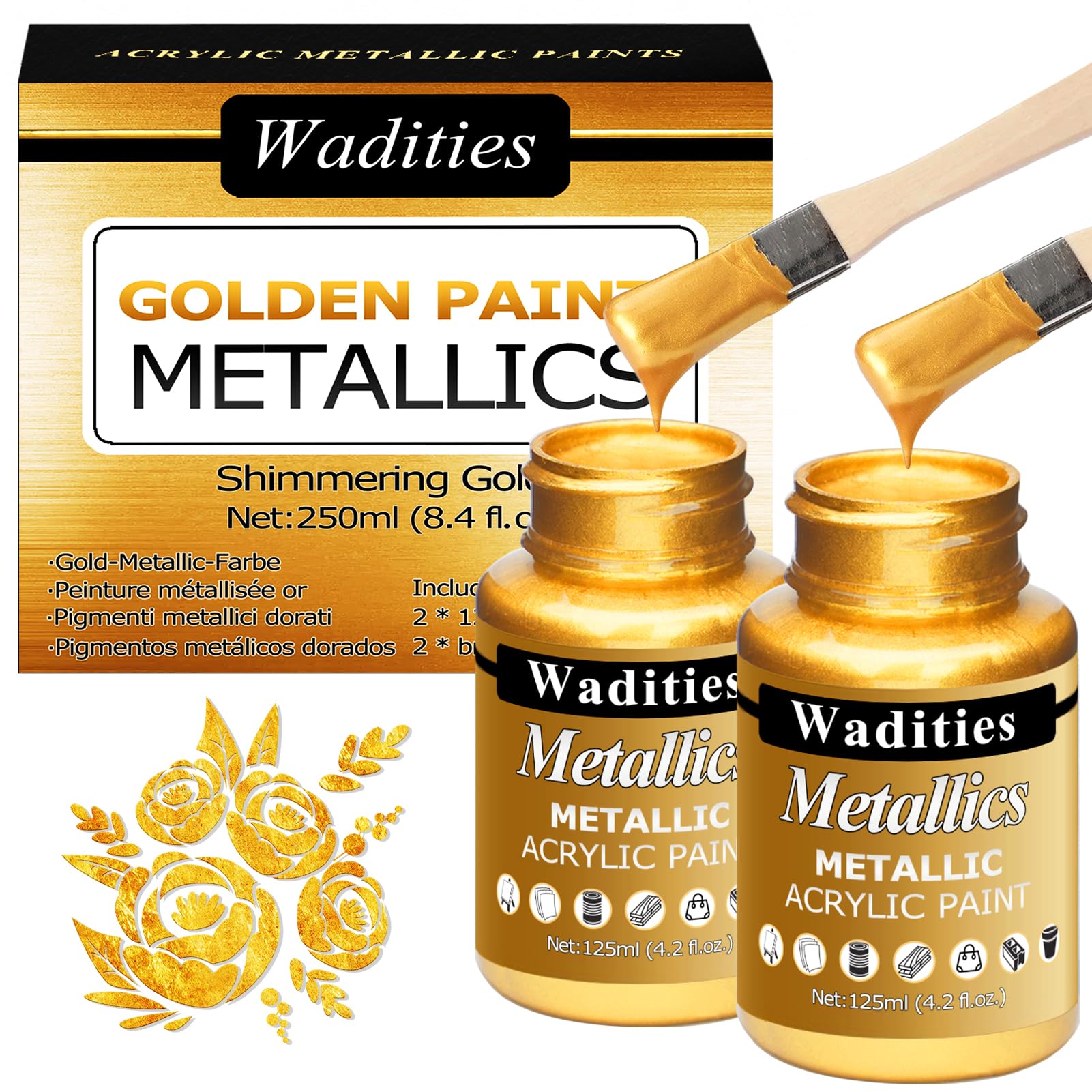 Wadities Acrylic Paint Metallic Gold, 250ml Gold Leaf Paint for Art Painting, Ideal for Canvas, Wood, Clay, Fabric, Ceramic, Stone, Glass Craft Supplies