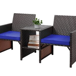 SUNLEI Outdoor Rattan Loveseat, Wicker 2-Seat Patio Conversation Furniture Set with Built-in Table & Removable Cushions for Balcony, Lawn, Backyard (Black Rattan/Royal Blue)