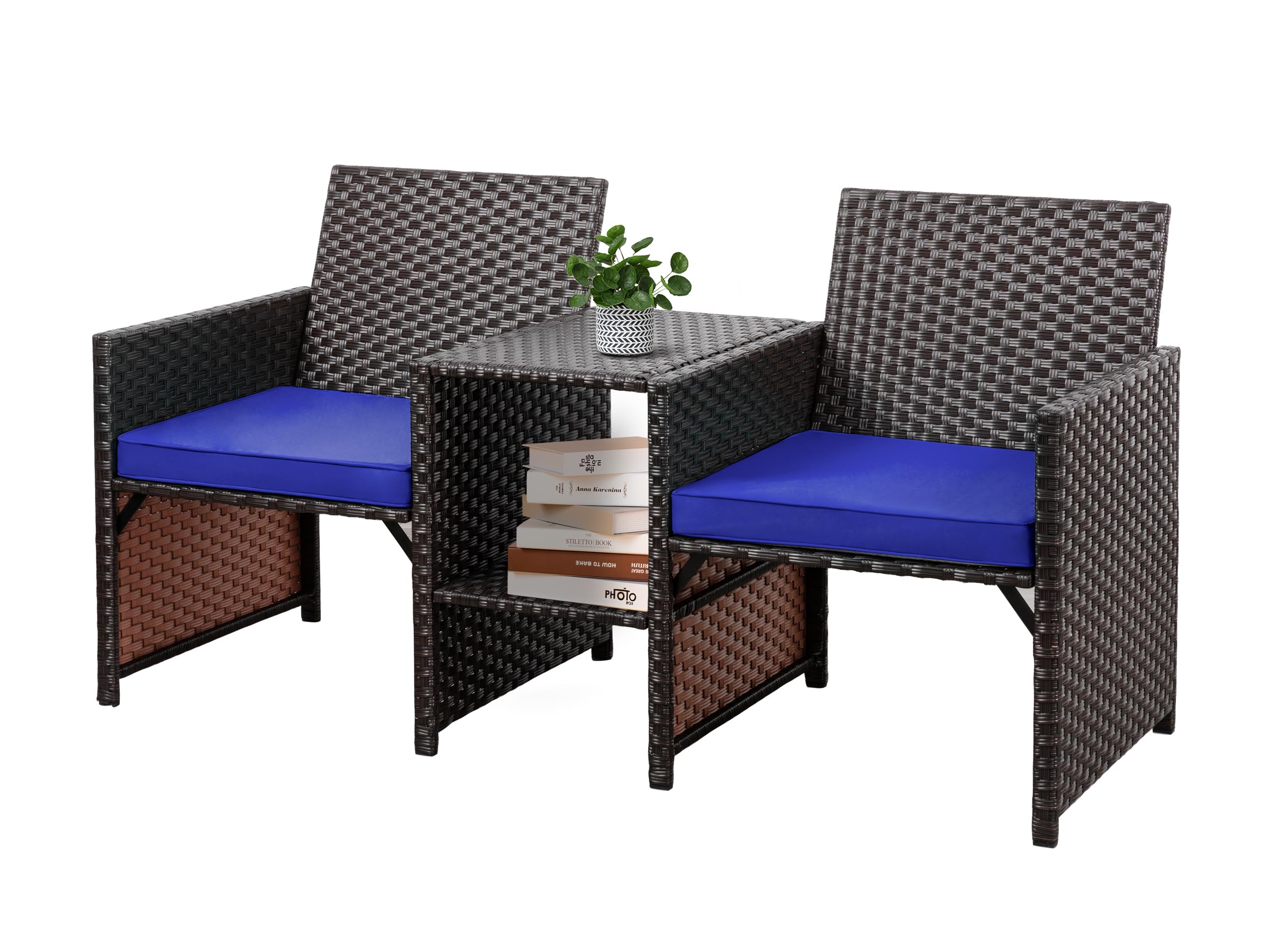 SUNLEI Outdoor Rattan Loveseat, Wicker 2-Seat Patio Conversation Furniture Set with Built-in Table & Removable Cushions for Balcony, Lawn, Backyard (Black Rattan/Royal Blue)