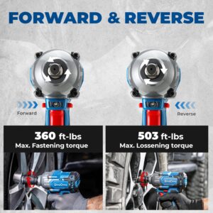 Dong Cheng 20V Cordless Impact Wrench, Max Torque 360 ft-lbs (488N.m), 1/2 inch with 3 Mode Speed, 2400 RPM Brushless Impact Gun, Includes 4.0Ah Battery, Charger, 4 Impact Sockets and Kit Bag