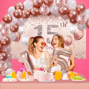 Trgowaul 15th Birthday Decorations Balloon Set Women's Arch, Rose Gold 15th Birthday Banner and Party Tablecloth, Belt and Tiara, Pink Gold 15th Balloon, Pink Birthday Cake Top, Latex Balloon * 60