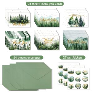 Konsait 24 Sheets Green Forest Thank You Cards with Envelopes, 6 Designs Watercolor Cards Pines Woodland Thank You Cards 4 x 6 in Thank You Cards Thank You Notes for Bridal Shower Wedding Baby Shower