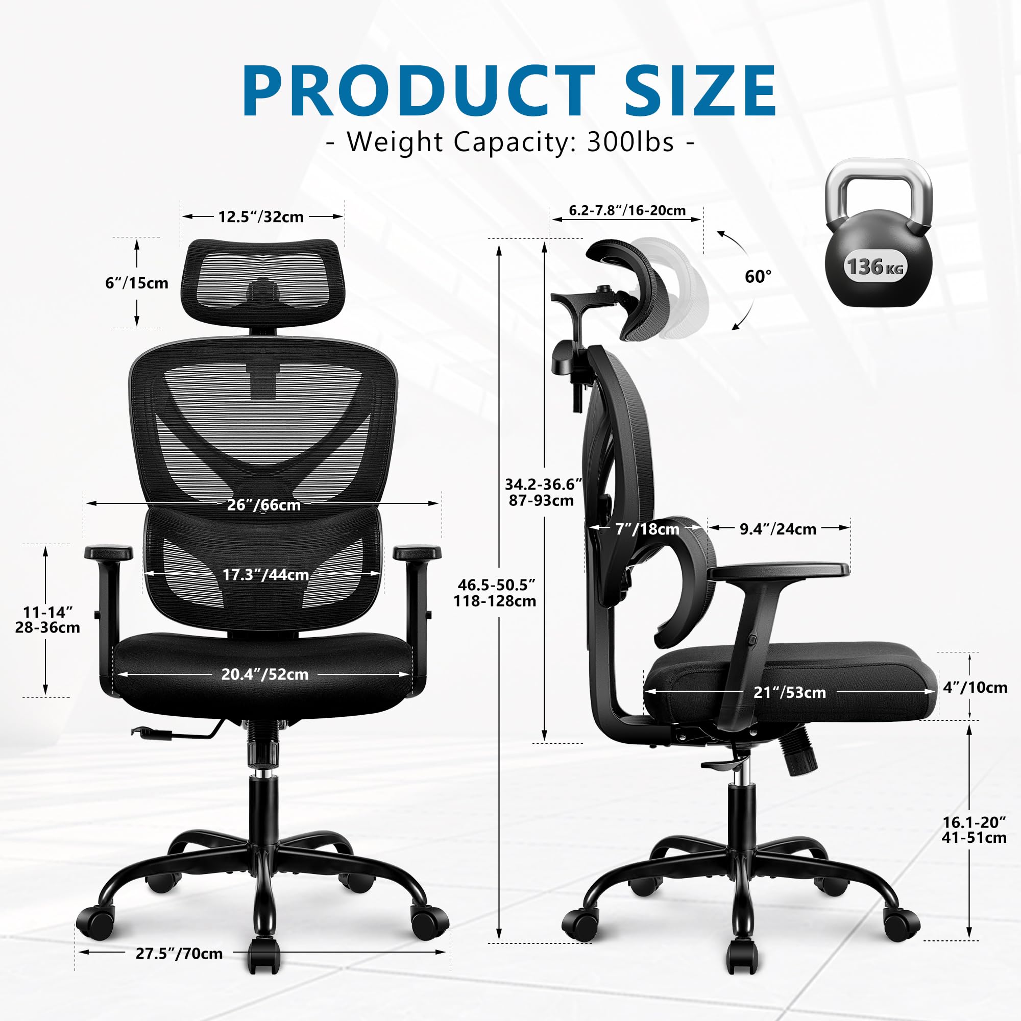 Winrise Office Chair Ergonomic Desk Chair Comfy Computer Chair, Big and Tall Home Office Chair with Back Support, Mesh Office Chair High Back Gaming Chair with Adjustable Armrest (Black)