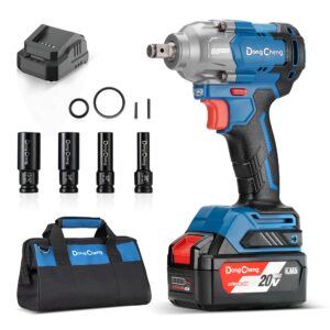 dong cheng 20v cordless impact wrench, max torque 360 ft-lbs (488n.m), 1/2 inch with 3 mode speed, 2400 rpm brushless impact gun, includes 4.0ah battery, charger, 4 impact sockets and kit bag