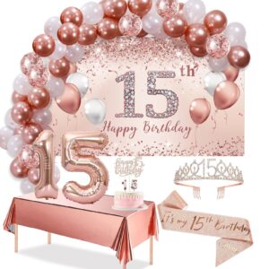 trgowaul 15th birthday decorations balloon set women's arch, rose gold 15th birthday banner and party tablecloth, belt and tiara, pink gold 15th balloon, pink birthday cake top, latex balloon * 60