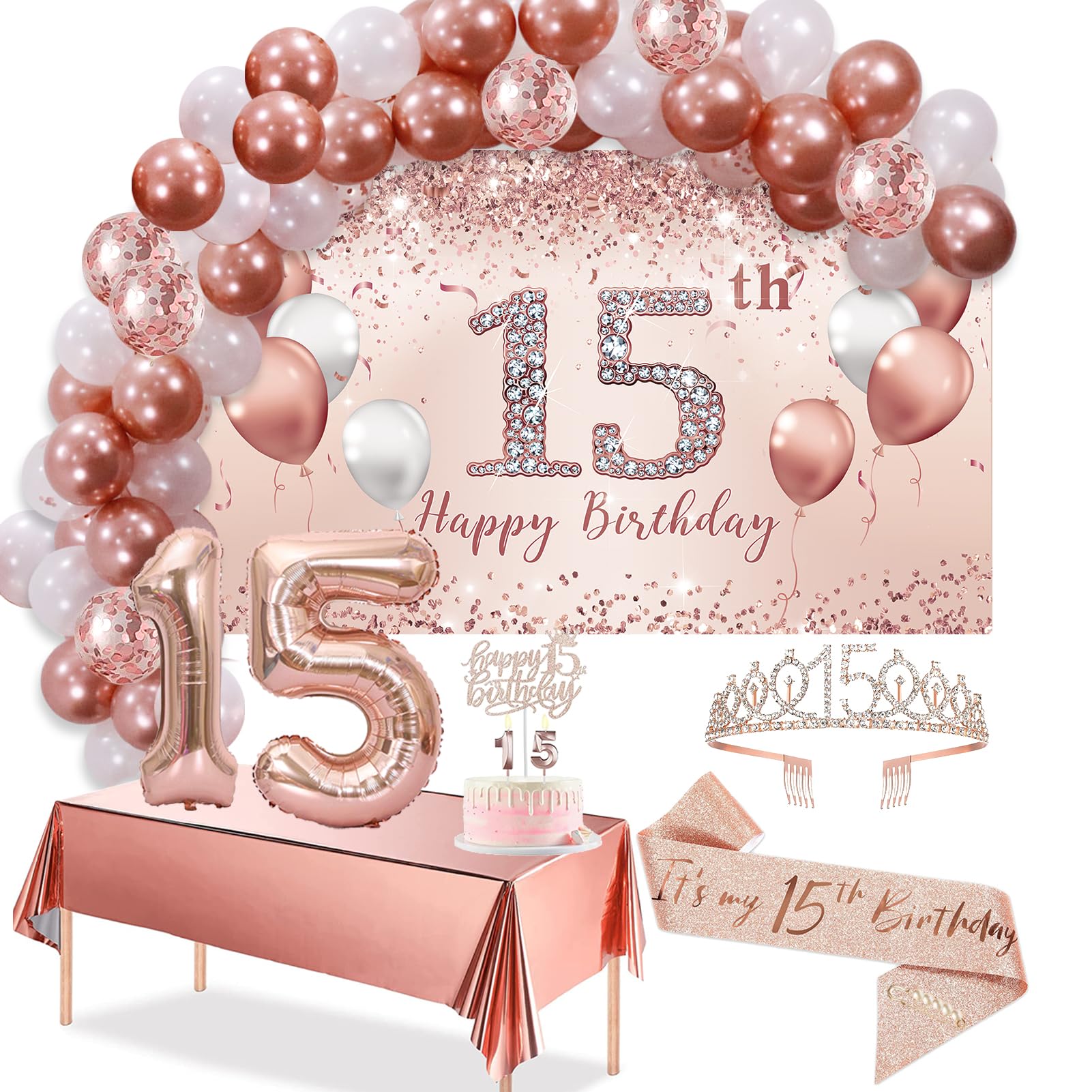 Trgowaul 15th Birthday Decorations Balloon Set Women's Arch, Rose Gold 15th Birthday Banner and Party Tablecloth, Belt and Tiara, Pink Gold 15th Balloon, Pink Birthday Cake Top, Latex Balloon * 60