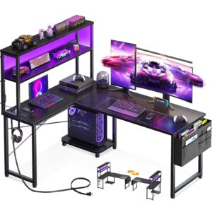 aodk l shaped desk gaming desk with led light & power outlet, 53 inch reversible l shaped computer desk with shelf, corner desk with storage bag&hook for home office desk, black