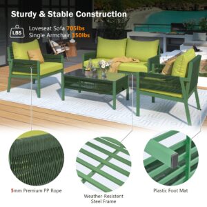 Merax 4-Piece Rope Outdoor Patio Furniture Conversation Set with Tempered Glass Table, Deep Seating and Thick Cushion for Backyard, Porch, Balcony, Green