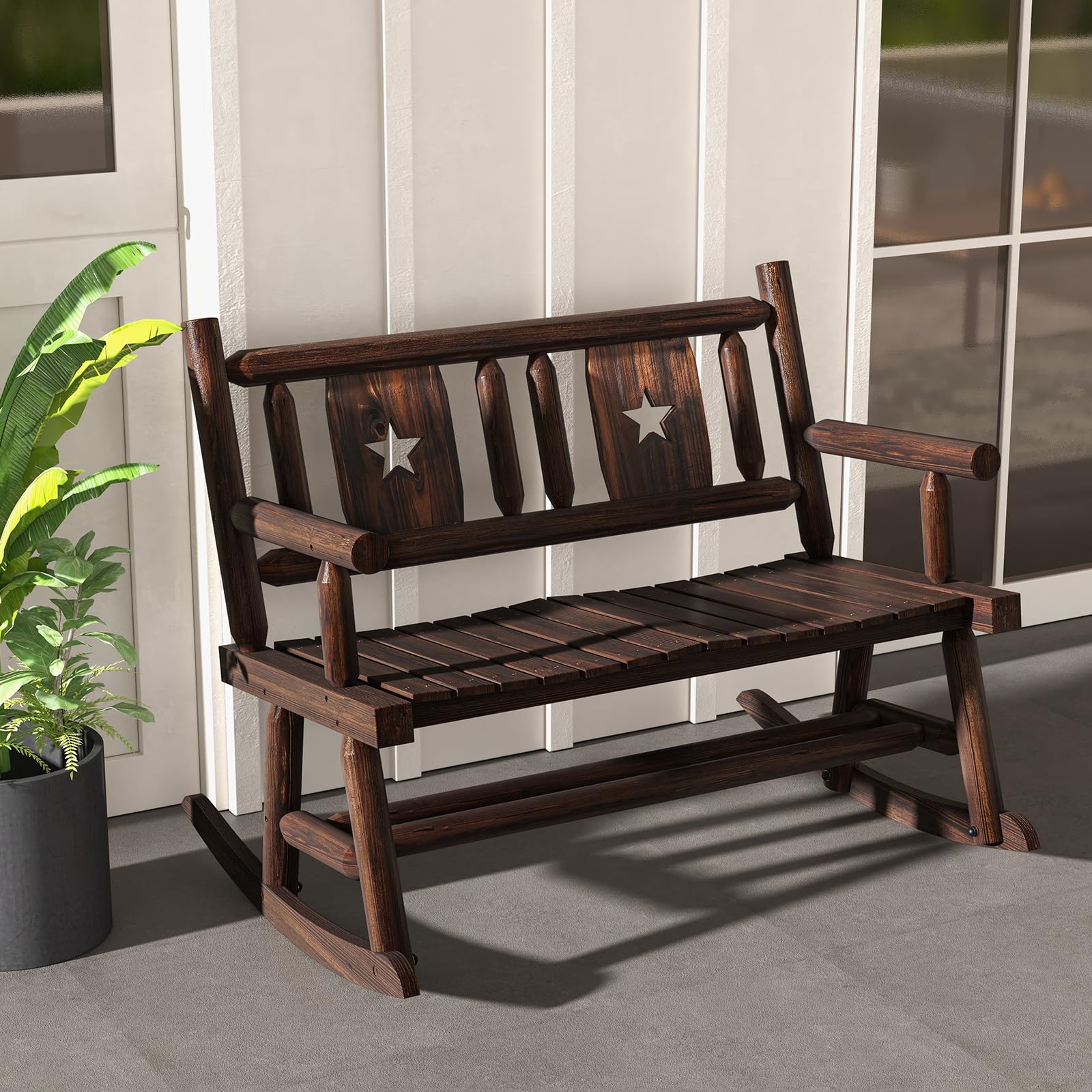 Giantex Outdoor Rocking Bench, Patio Loveseat Rocker for 2 w/Ergonomic Back & Log Arms, Carbonized Fir Wood Frame, Wooden Double Rocking Chair for Porch, Garden, 710 LB Capacity, Rustic Brown