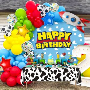 Winrayk 154Pcs Toy Inspired Story Birthday Party Decorations Supplies for Kids Teen, Balloon Arch with Backdrop Tablecloth Cow Print Balloons Star Rocket, Cartoon Game Girls Boys Birthday Party Decor