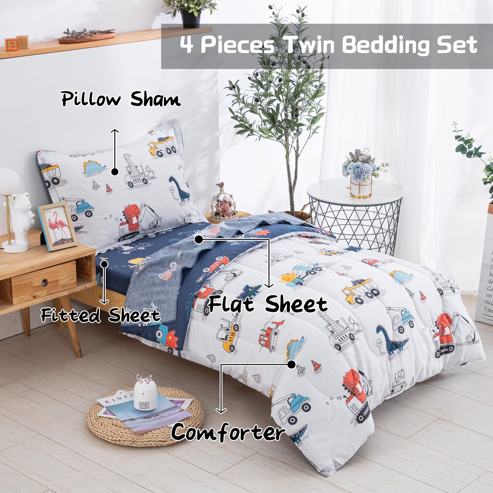 DJY Cotton Twin Bedding Set, Dinosaur Cars Reversible Twin Comforter Set for Kids Boys Girls, 4 Pieces Bed in a Bag Includes Quilted Comforter, Flat Sheet, Fitted Sheet and Pillowcase