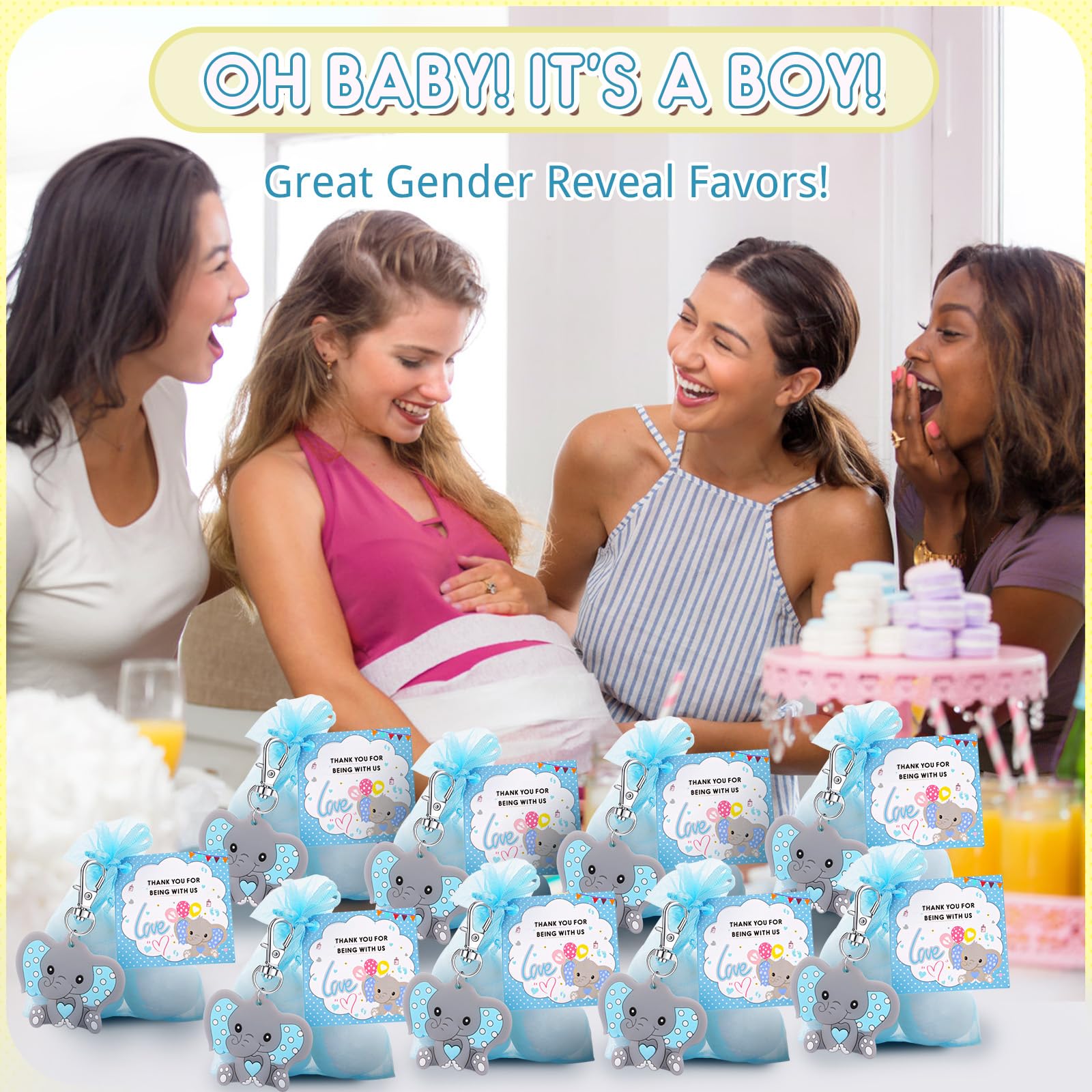 40 Sets Baby Shower Favors for Boys, Guests Gifts Including Elephant Keychains Decorations, Drawstring Bags, Thank You Cards